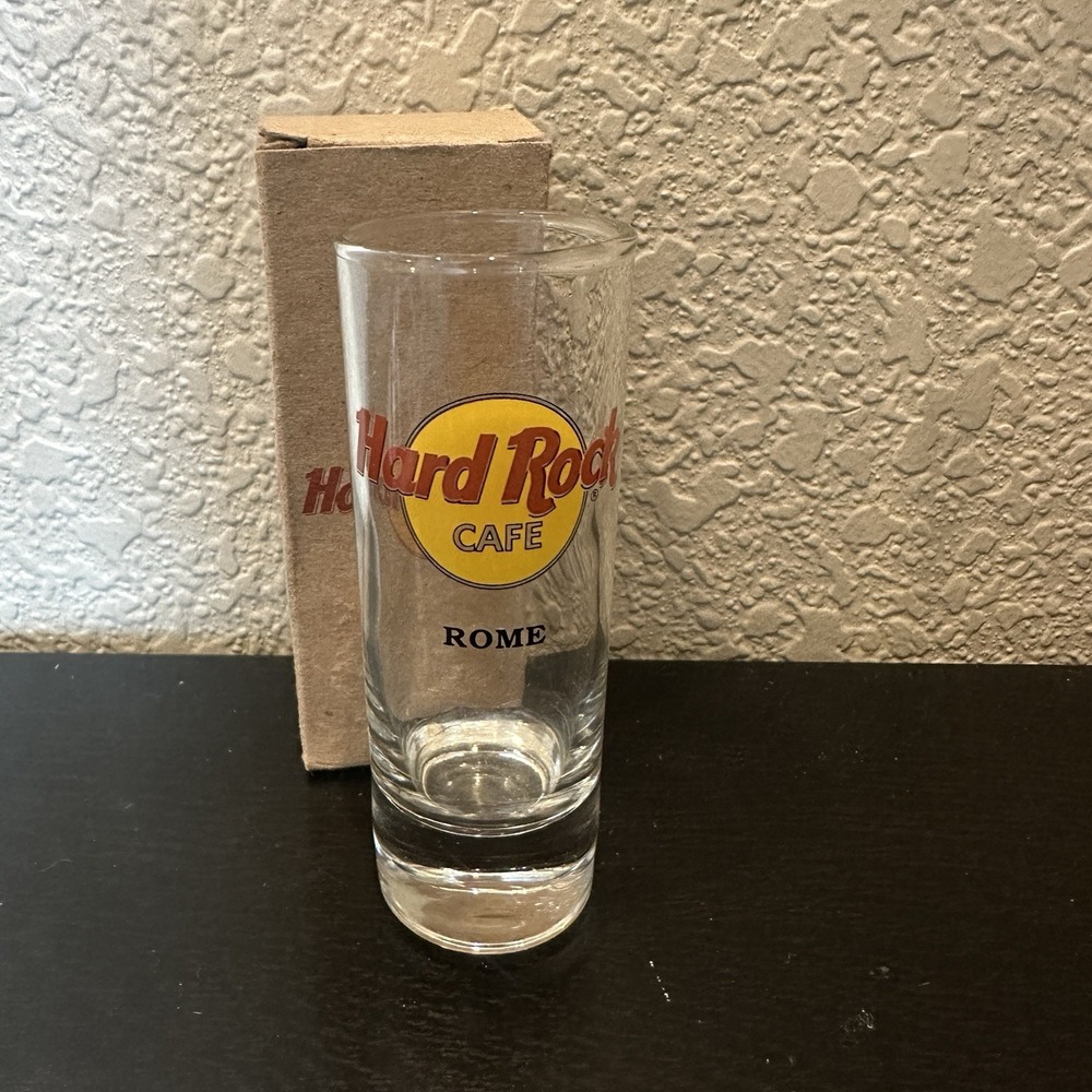 Hard Rock Cafe 4' tall Shot Glass Rome Italy New in Box music souvenir